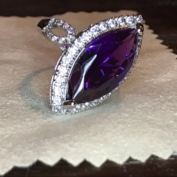 Amethyst Large CZ Gemstone Horse Eye Fine Ring - Picture 4 of 7